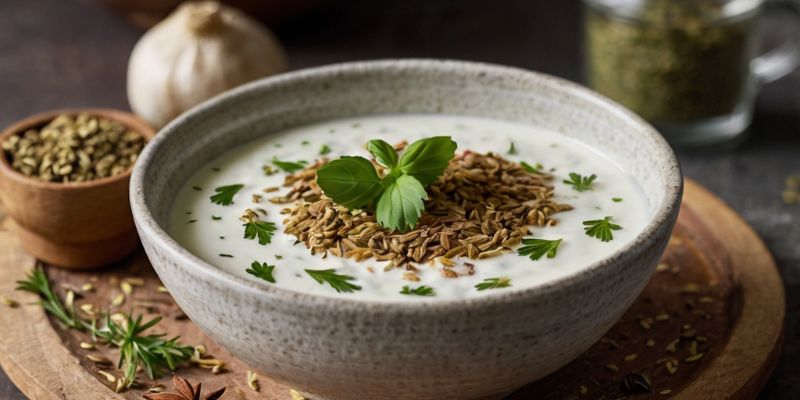 Bowl of yogurt topped with cumin and fresh herbs