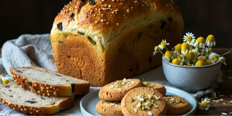 Chamomile-infused cookies arranged on a plate with dried chamomile flowers as garnish, showcasing its culinary potential.