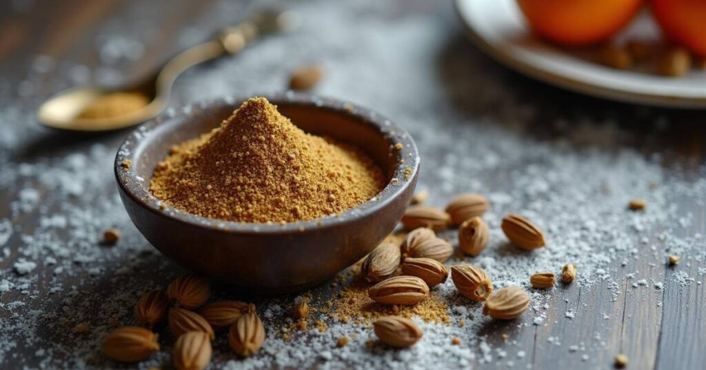 Close-up of ground cardamom in a bowl with fresh green cardamom pods on a rustic wooden table