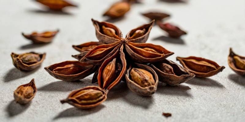 Comparison of fresh green star anise pods and dried brown pods on a white table, showing the difference