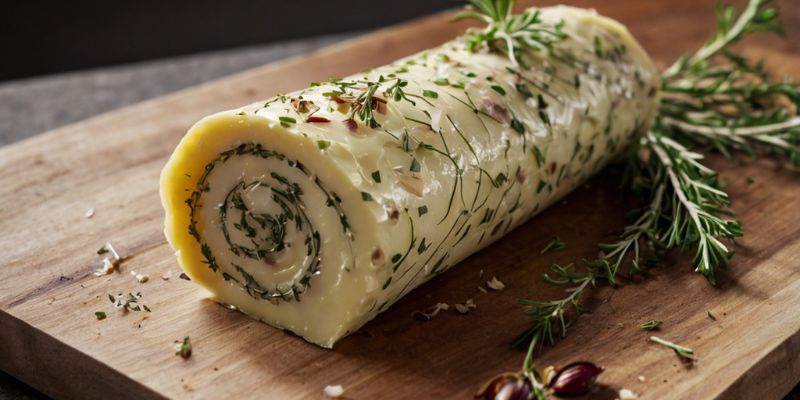 Compound butter infused with roasted shallots and herbs on a cutting board