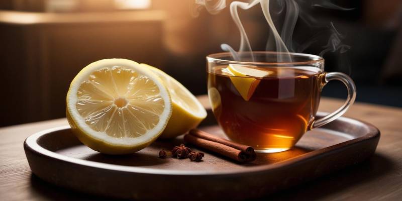 Cup of cinnamon and honey tea with lemon slices placed on a wooden tray, promoting immune support