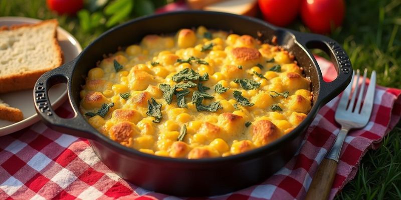 Holiday cornbread stuffing garnished with dried sage
