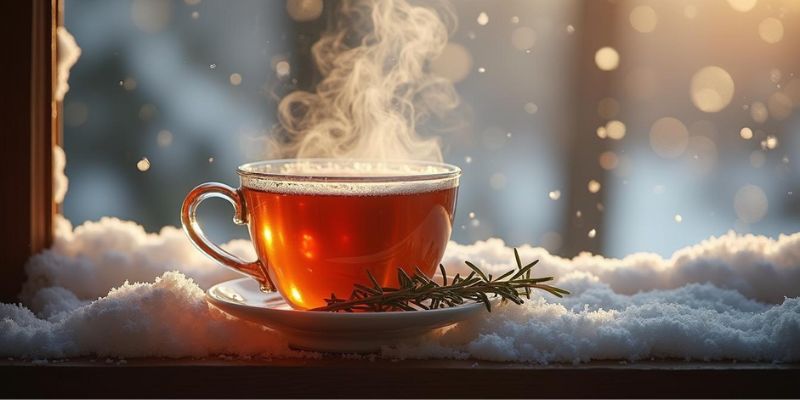 Cup of rosemary tea with dried rosemary on a teaspoon.