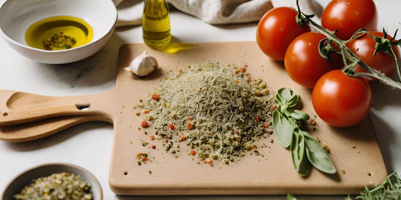 Dried oregano on a cutting board surrounded by cooking ingredients like tomatoes and garlic