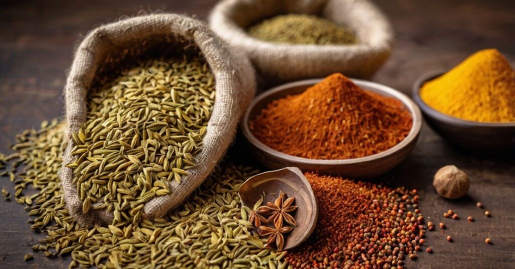 Flat-lay of cumin seeds and other colorful spices in bowls