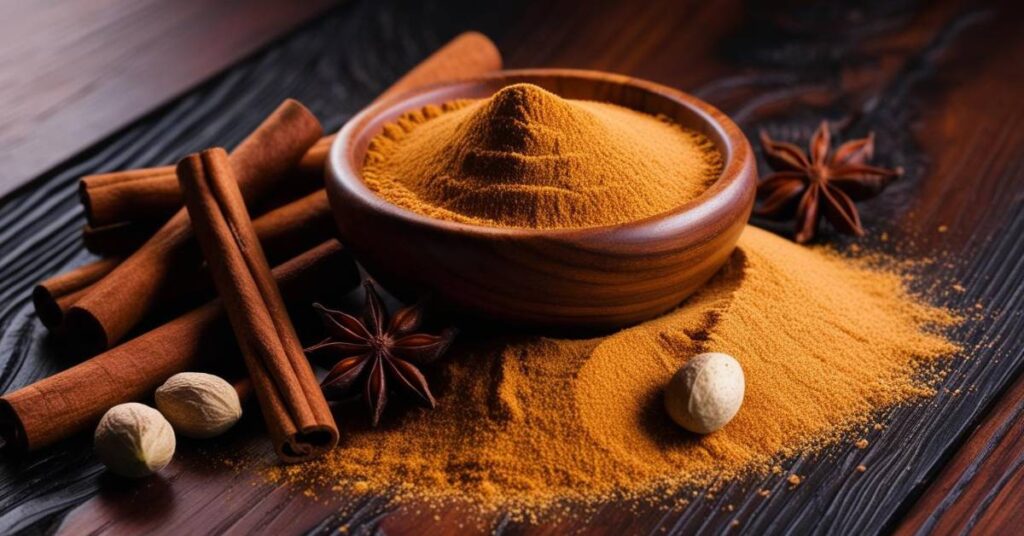 Fresh cinnamon spice and ground cinnamon in a bowl, surrounded by spices on a wooden table