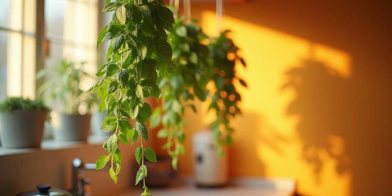 Fresh peppermint leaves tied in bundles and hung to dry