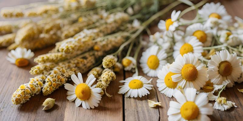 Fresh white chamomile flowers next to dried brownish-yellow chamomile heads, demonstrating the transformation process