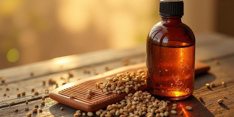 Haircare essentials featuring coriander seeds oil and a wooden comb on a vanity