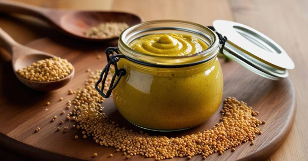 Homemade mustard in a glass jar surrounded by whole mustard seeds and a serving spoon