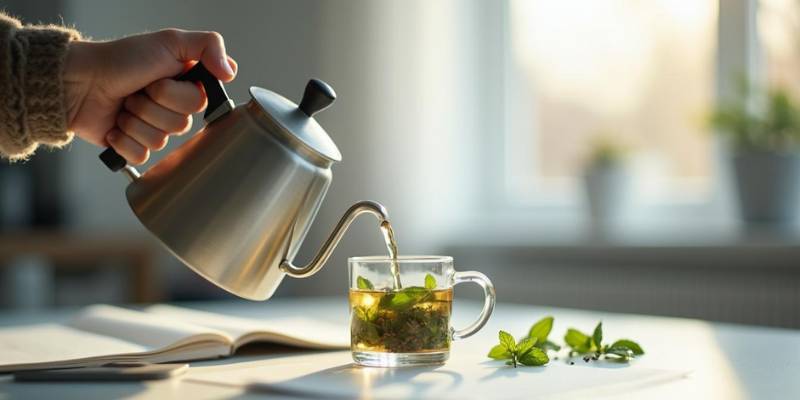 Hot water being poured over dried peppermint leaves in a teacup