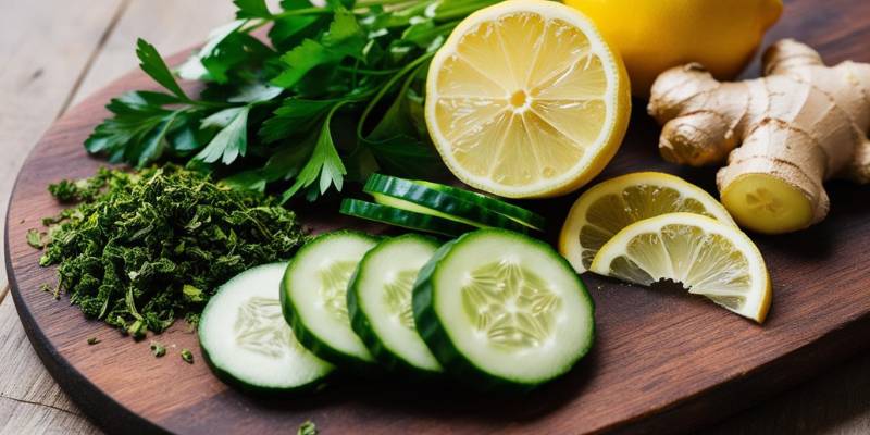 Ingredients for a detox meal, featuring dried parsley, cucumber, lemons, and ginger on a wooden board 