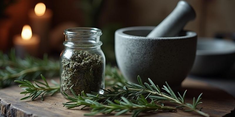 Jar of dried rosemary with fresh sprigs on a wooden cutting board