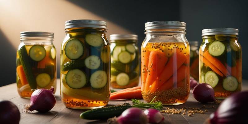 Jars of colorful pickled vegetables with mustard seeds visible floating in the brine