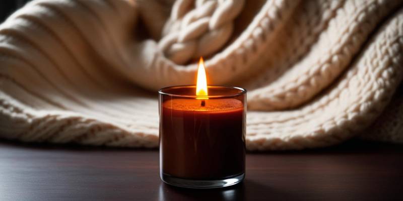 Lit cinnamon-scented candle on a tidy desk, creating a calming ambiance for relaxation