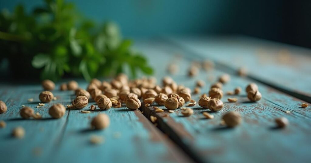 Macro shot of coriander seeds, showing their distinct ridged texture