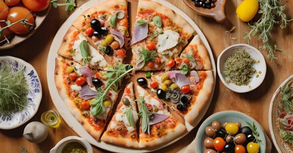 Mediterranean dishe garnished with dried oregano pizza and roasted vegetables