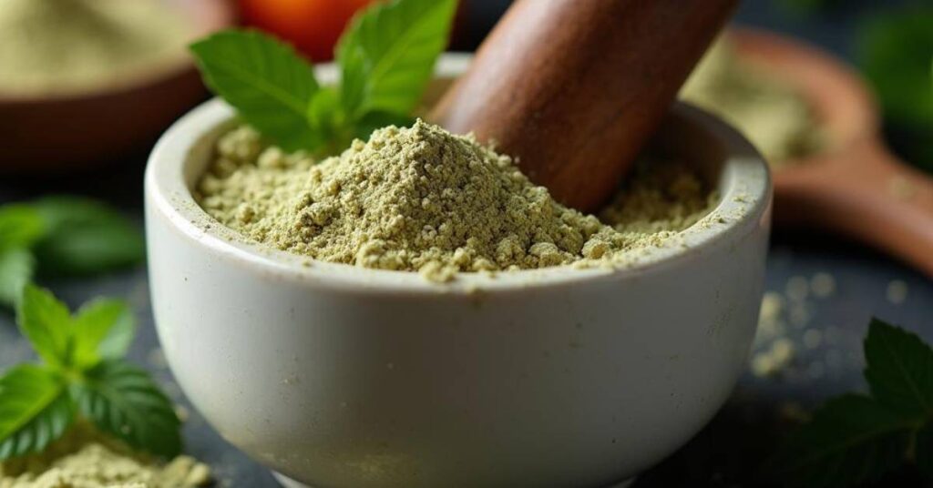 Mortar and pestle grinding dried peppermint leaves