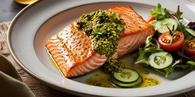 Mustard-seed-crusted salmon fillet served with a side salad on a ceramic plate