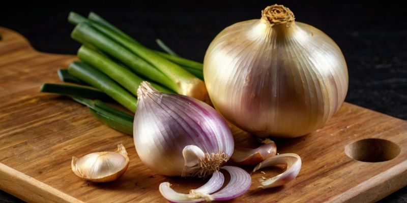 Onion, garlic, and leeks as substitutes for shallots displayed on a wooden board