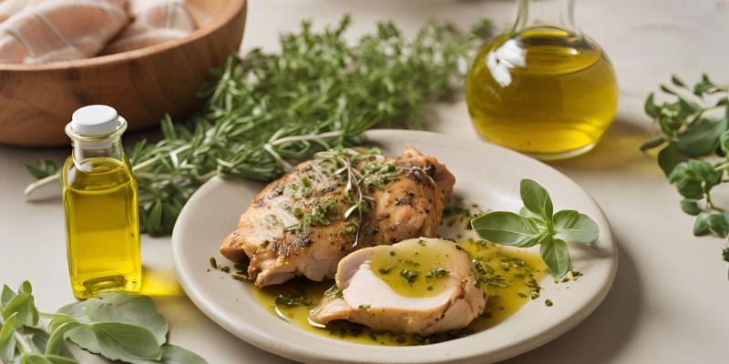 Oregano-infused olive oil with marinated chicken thighs in a ceramic bowl