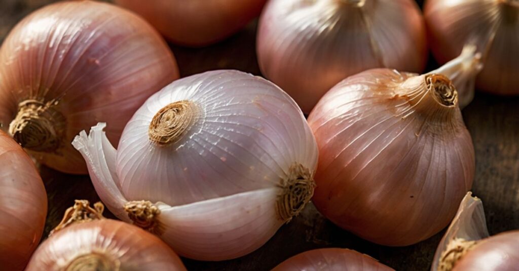 Peeled and unpeeled shallots illuminated under soft light