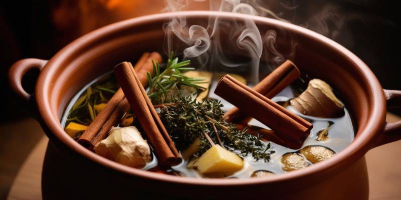 Pot of boiling water with cinnamon sticks, ginger, and herbs, representing traditional healing practices