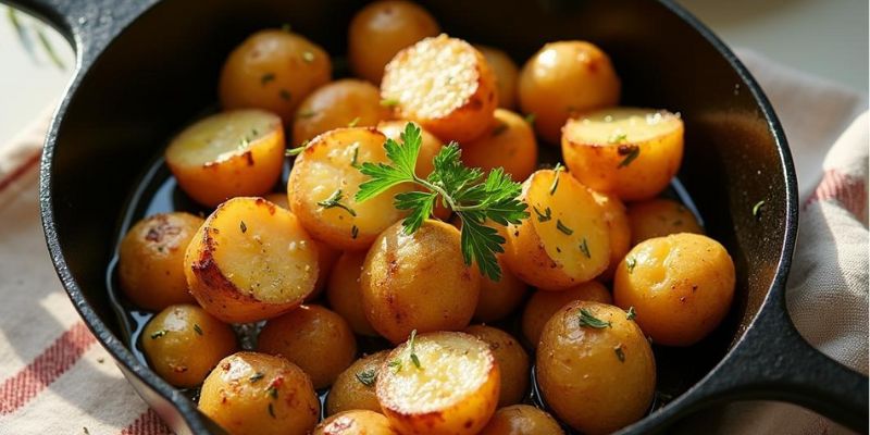 Roasted potatoes seasoned with dried rosemary in a skillet