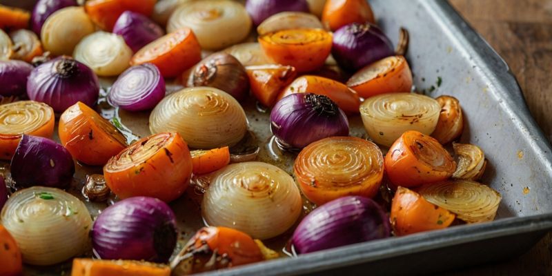 Roasted shallots and vegetables on a baking tray fresh from the oven