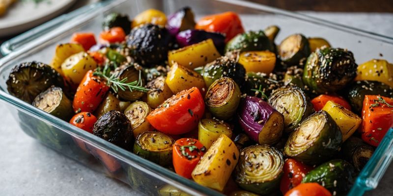 Roasted vegetables sprinkled with cumin on a baking tray.