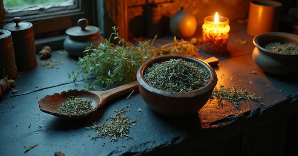 Rustic kitchen scene with dried sage in a bowl.