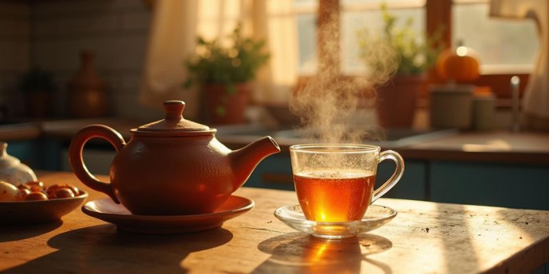 Rustic teapot pouring steaming coriander seed tea into a clear cup