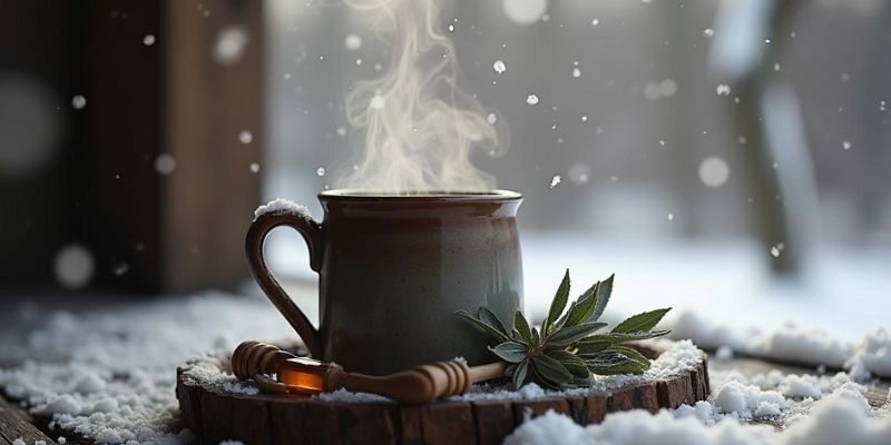 Sage tea in a rustic mug with dried sage leaves.