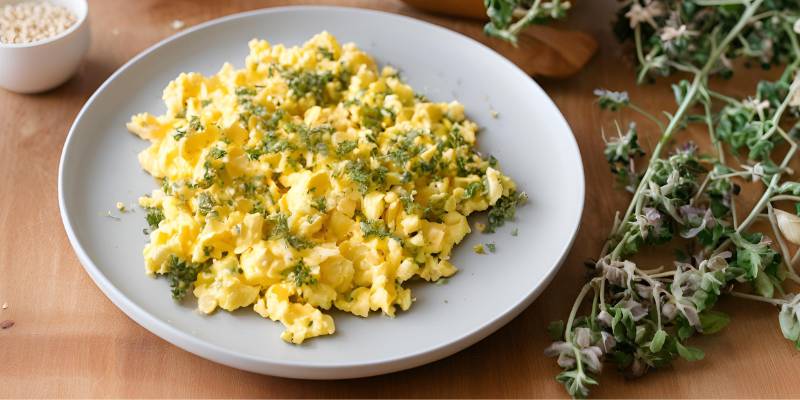Scrambled eggs with a garnish of dried oregano served on a ceramic plate