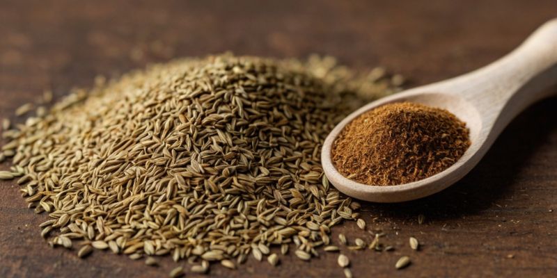 Side-by-side comparison of whole cumin seeds and ground cumin in bowls