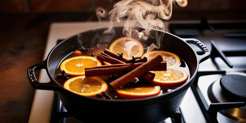 Simmer pot with cinnamon sticks, orange slices, and cloves on a stovetop as a natural air freshener