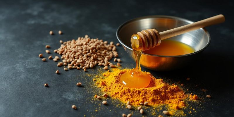 Skincare DIY ingredients, including coriander seeds, honey, and turmeric, ready to be mixed