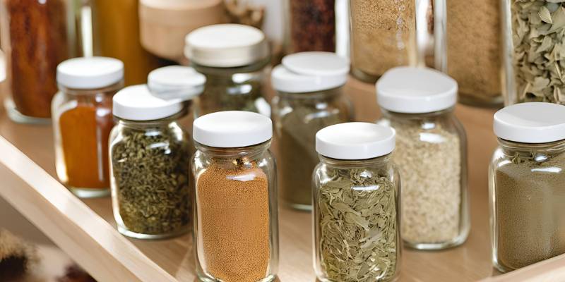 Small jars of dried oregano and other spices organized on a kitchen pantry shelf