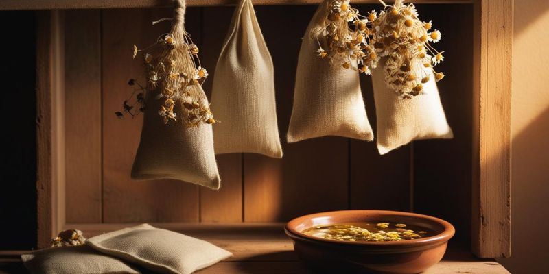 Small sachets filled with dried chamomile, hung in a closet to show its use as a natural drawer freshener.