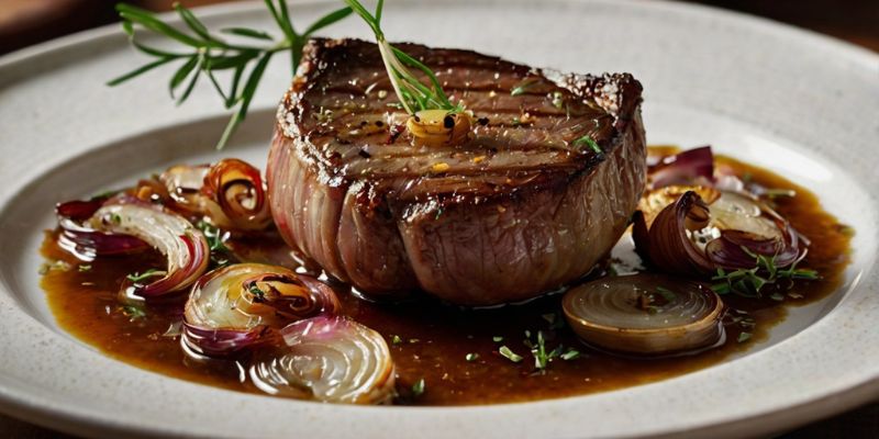 Steak topped with caramelized shallots and herbs served on a plate