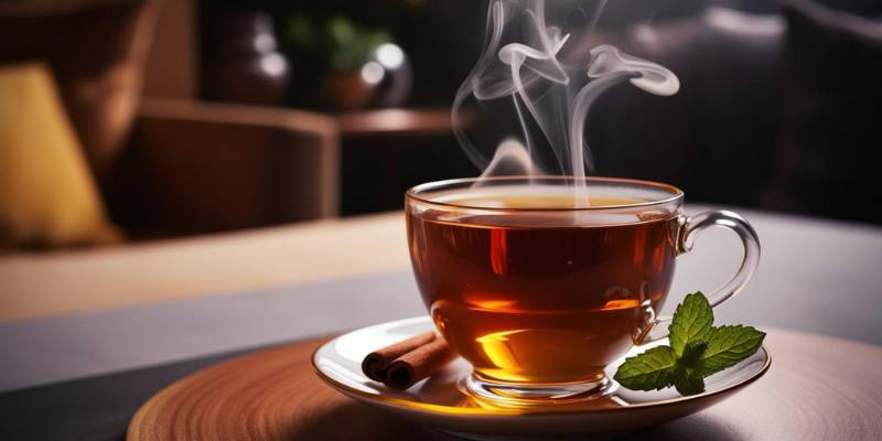 Steaming cup of cinnamon tea paired with fresh ginger and mint, offering a natural digestion remedy