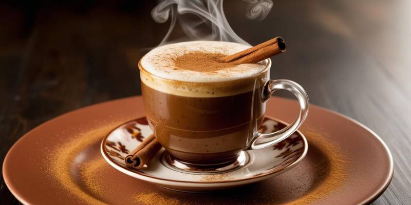 Steaming mug of cinnamon latte topped with cinnamon spice, with a cinnamon stick on the side