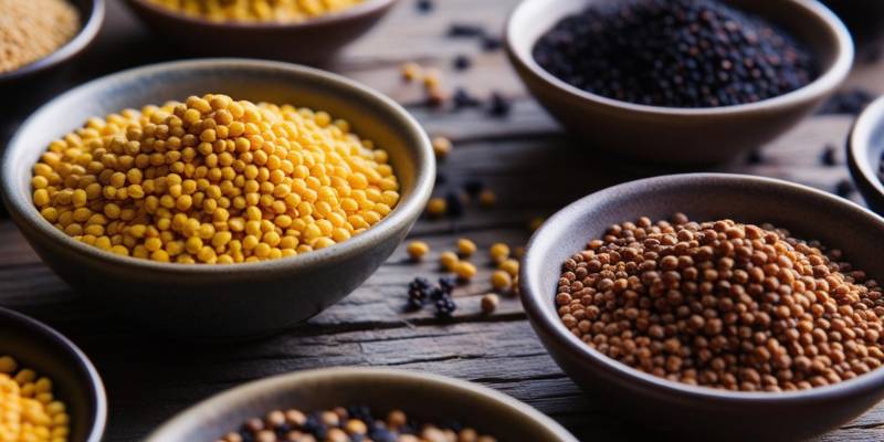 Yellow, brown, and black mustard seeds displayed in small bowls on a rustic wooden table
