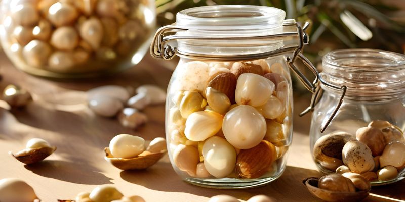 a macadamia nut gift package or a jar filled with nuts