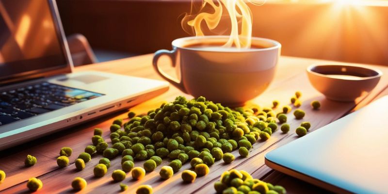 A bowl of wasabi peas placed next to a fresh coffee cup and laptop for an energy-boosting snack break