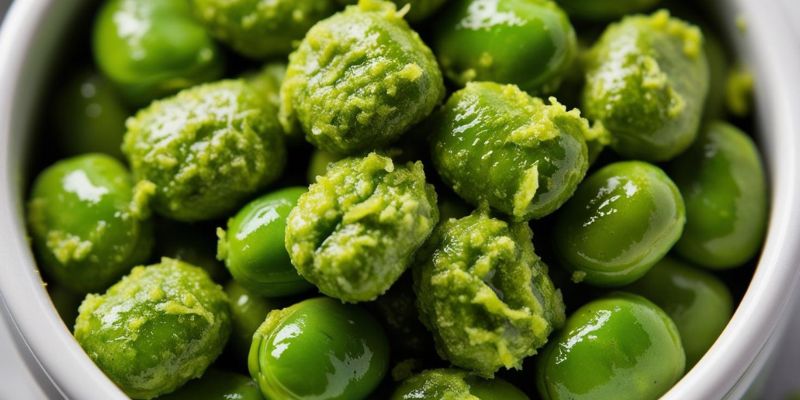 A close-up view of the spicy wasabi coating on green peas, capturing their rich texture.