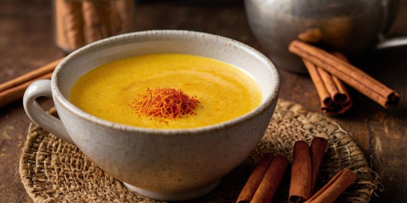 A cup of frothy golden milk infused with saffron and topped with cinnamon