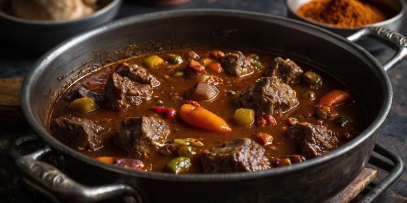 A hearty lamb stew simmering in a pot, with Kashmiri Chili Powder enhancing the richness.