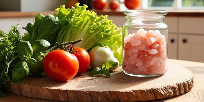 A jar of Himalayan pink salt placed next to fresh vegetables and herbs in a kitchen.
